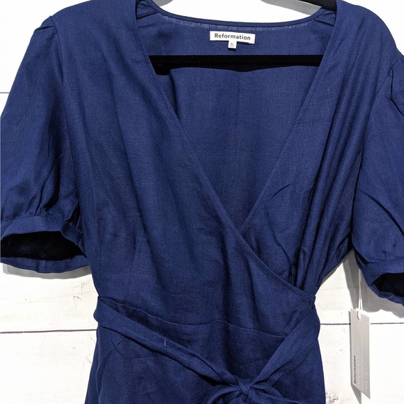 NWT Reformation Weiss Linen Wrap Midi Dress Danube Blue Women's Size XL - Picture 6 of 11